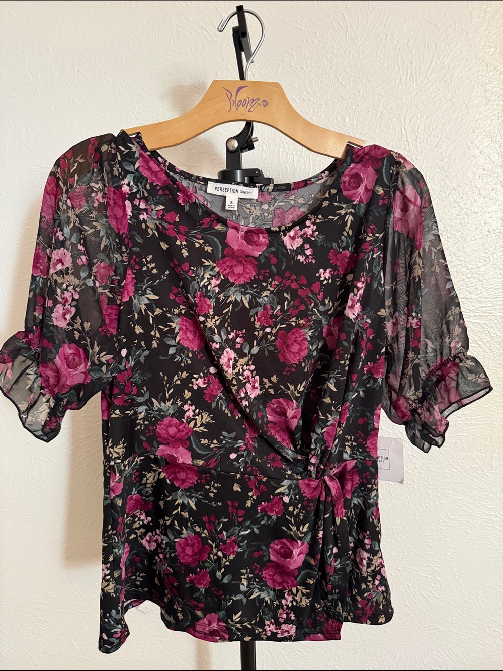 PerSeption Concept Black Floral Wrap Top with Fuchsia Rose Print